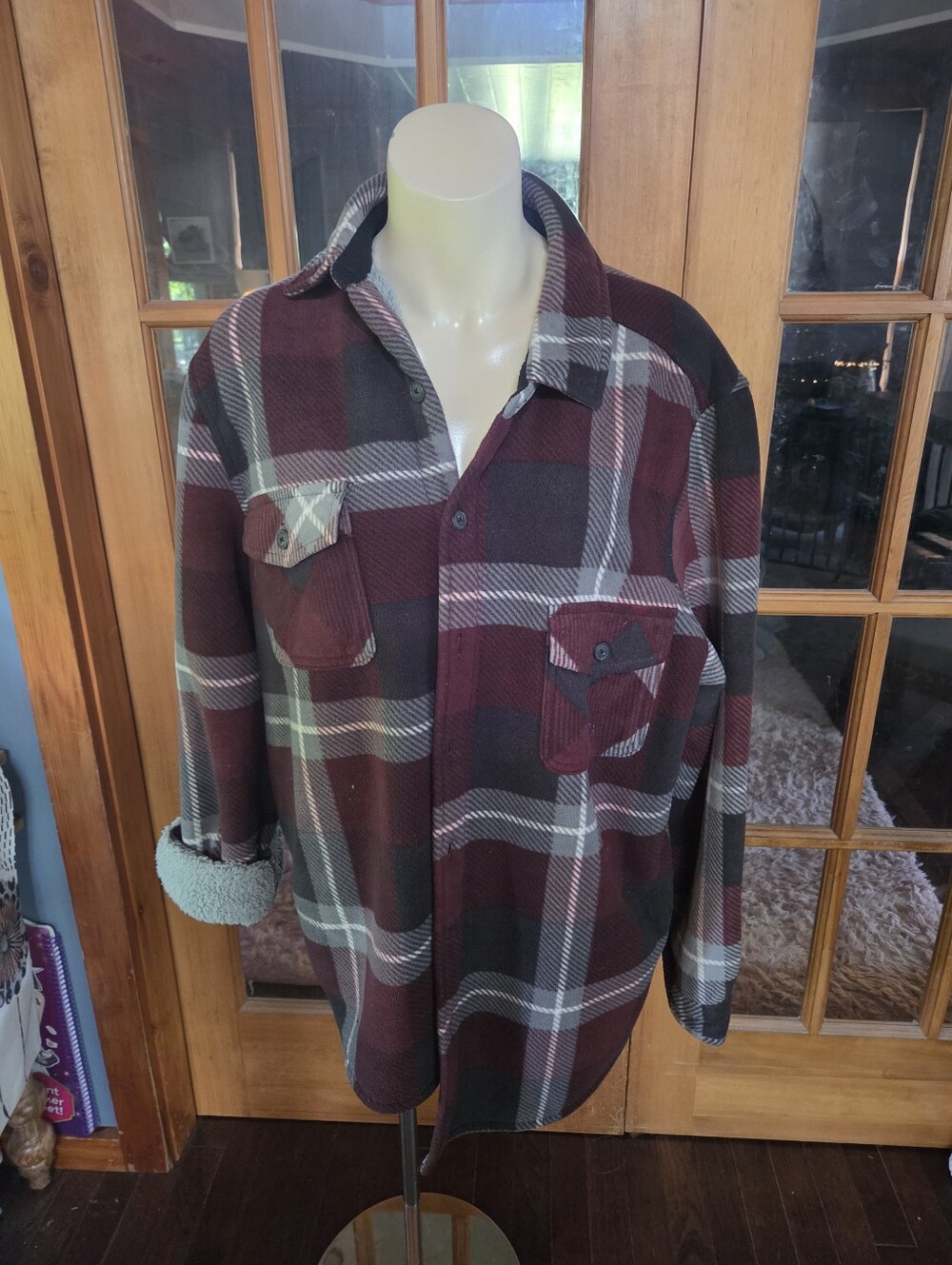 Men's Burgundy & Gray Plaid Flannel Shirt Jacket